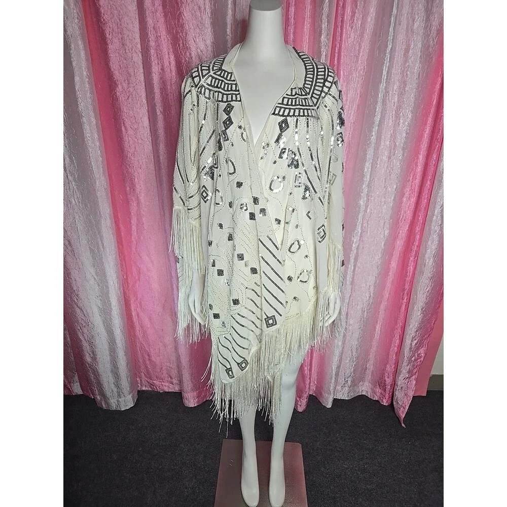 Anna Kaci Exquisite White Sequin Fringe Statement Shawl Wrap One Size